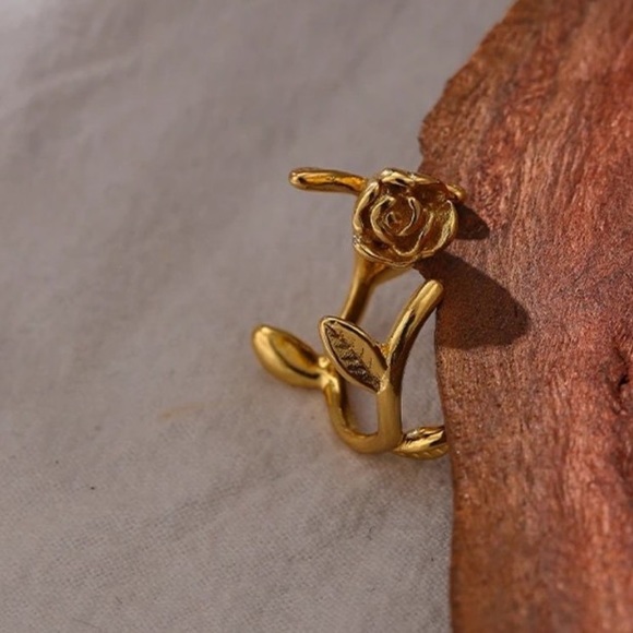18k Gold Leaf Handcrafted Rose Ring 6-8 - Picture 5 of 8